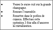 Zone de Texte: Verser le sucre cuit sur la grande champagne.Remuer lensemble.Remettre dans le polon de cuisson. Effectuer cette opration 3 fois afin damorcer la cristallisation.