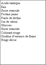 Zone de Texte: Acide tartriqueEauSucre semoulePectine jaunePure de litchisJus de citronGlucoseSucre semouleColorant rougeGouttes dessence de fraiseNeige dcor