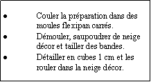 Zone de Texte: Couler la prparation dans des moules flexipan carrs.Dmouler, saupoudrer de neige dcor et tailler des bandes.Dtailler en cubes 1 cm et les rouler dans la neige dcor.