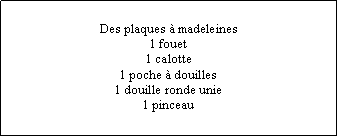 Zone de Texte: Des plaques  madeleines 1 fouet1 calotte1 poche  douilles1 douille ronde unie1 pinceau