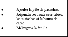 Zone de Texte: Ajouter la pte de pistaches.Adjoindre les fruits secs tides, les pistaches et le beurre de cacao.Mlanger  la feuille.