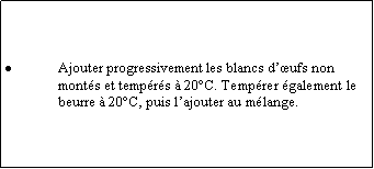 Zone de Texte: Ajouter progressivement les blancs dufs non monts et temprs  20C. Temprer galement le beurre  20C, puis lajouter au mlange.