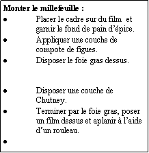 Zone de Texte: Monter le millefeuille :Placer le cadre sur du film  et garnir le fond de pain dpice.Appliquer une couche de compote de figues.Disposer le foie gras dessus.Disposer une couche de Chutney.Terminer par le foie gras, poser un film dessus et aplanir  laide dun rouleau.