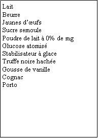 Zone de Texte: LaitBeurreJaunes dufsSucre semoulePoudre de lait  0% de mgGlucose atomisStabilisateur  glaceTruffe noire hacheGousse de vanilleCognacPorto