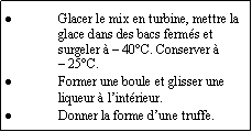 Zone de Texte: Glacer le mix en turbine, mettre la glace dans des bacs ferms et surgeler   40C. Conserver                   25C.Former une boule et glisser une liqueur  lintrieur.Donner la forme dune truffe.