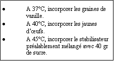 Zone de Texte: A 37C, incorporer les graines de vanille.A 40C, incorporer les jaunes dufs.A 45C, incorporer le stabilisateur pralablement mlang avec 40 gr de sucre.