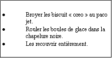 Zone de Texte: Broyer les biscuit  oreo  au paco jet.Rouler les boules de glace dans la chapelure noire.Les recouvrir entirement.